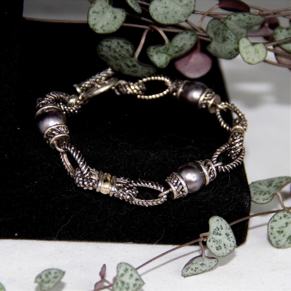 Tressa Sterling Silver 925 14K Gold Grey Pearl Toggle Bracelet Twist Rope 7.25"